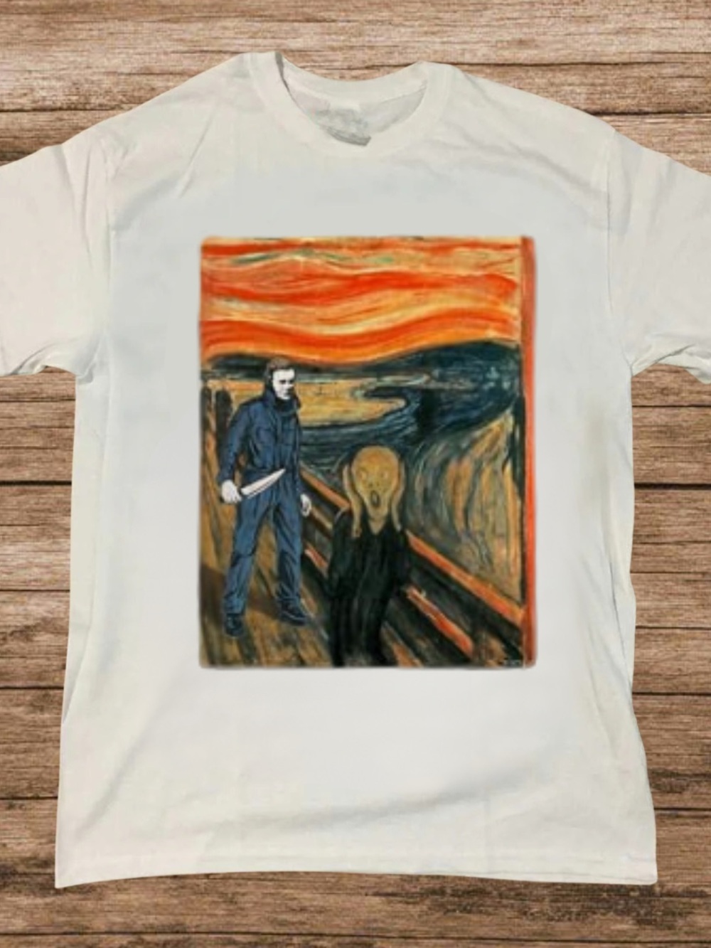 Gildan White Short-Sleeve Tee with Orange and Blue Graphic